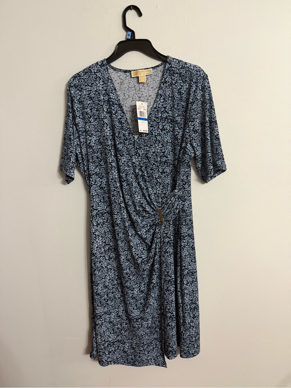 Michael Kors Navy and Light Blue Floral Faux-Wrap Midi Dress